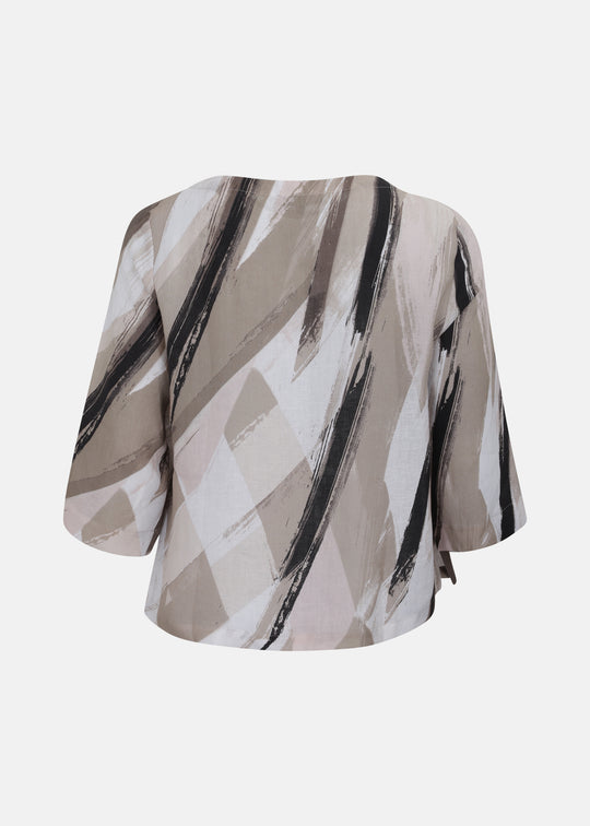 Toni T.  Art Print Linen Elbow Sleeve Popover Top in Sand Print