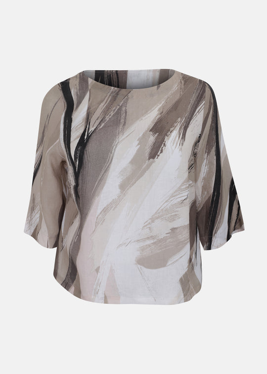 Toni T.  Art Print Linen Elbow Sleeve Popover Top in Sand Print