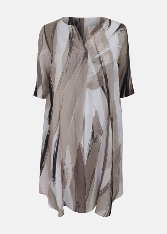 Toni T. Pure Linen Art Print Elbow Sleeve Dress with Shirttail hem in Sand Print