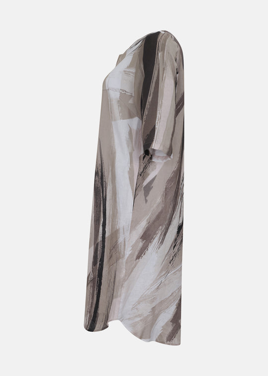Toni T. Pure Linen Art Print Elbow Sleeve Dress with Shirttail hem in Sand Print