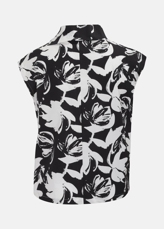Toni T. Stretch Poplin Graphic Flower Print side Split Cowl neck Top in Black White
