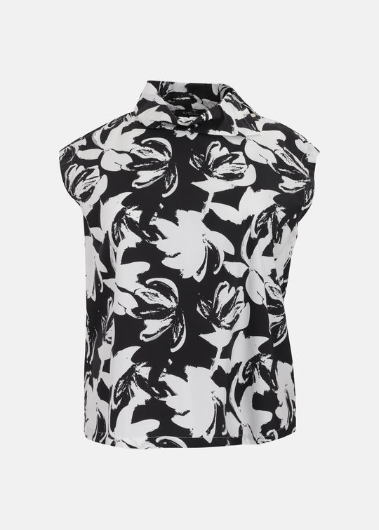 Toni T. Stretch Poplin Graphic Flower Print side Split Cowl neck Top in Black White