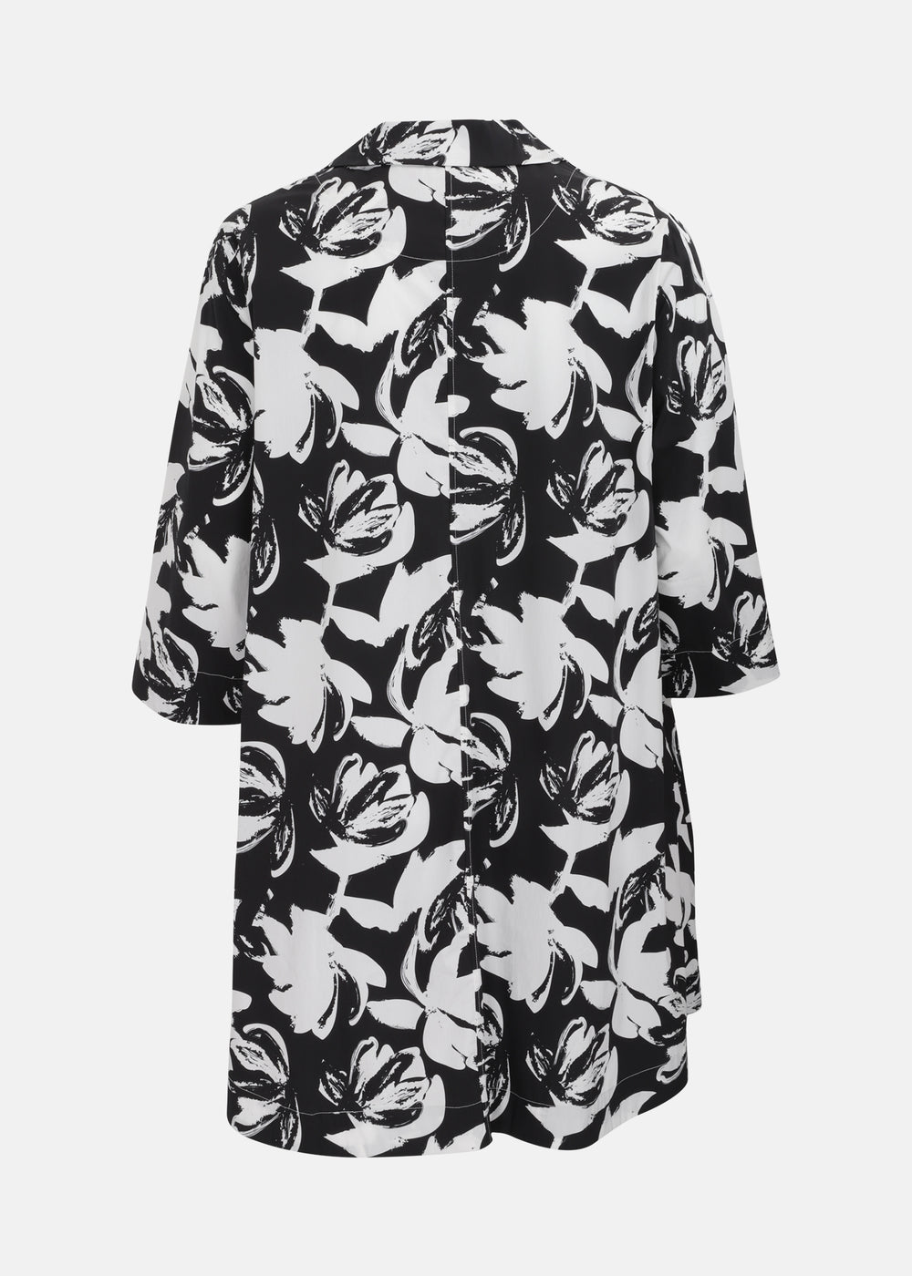 Toni T. Stretch Poplin Graphic Flower Elbow Sleeve Tunic in Black White