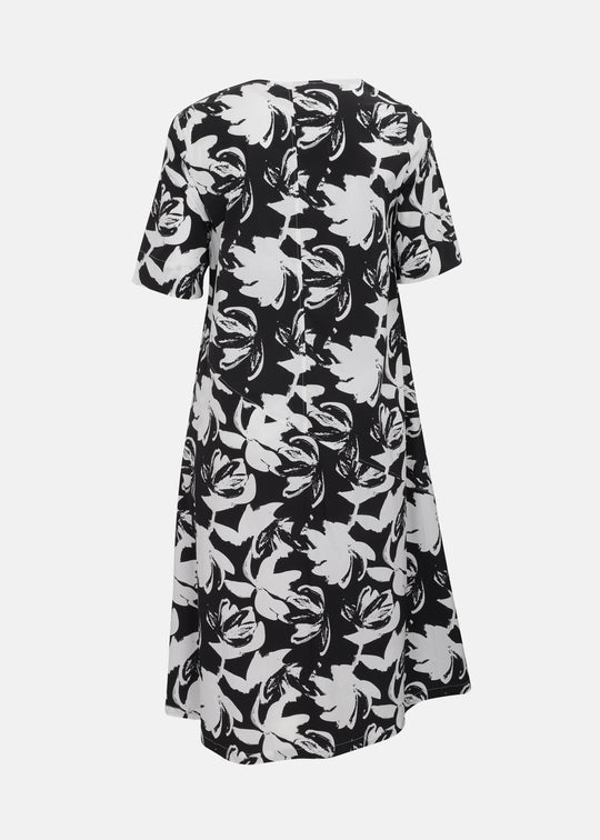 Toni T. Stretch Poplin Graphic Flower A-line Dress in Black and White