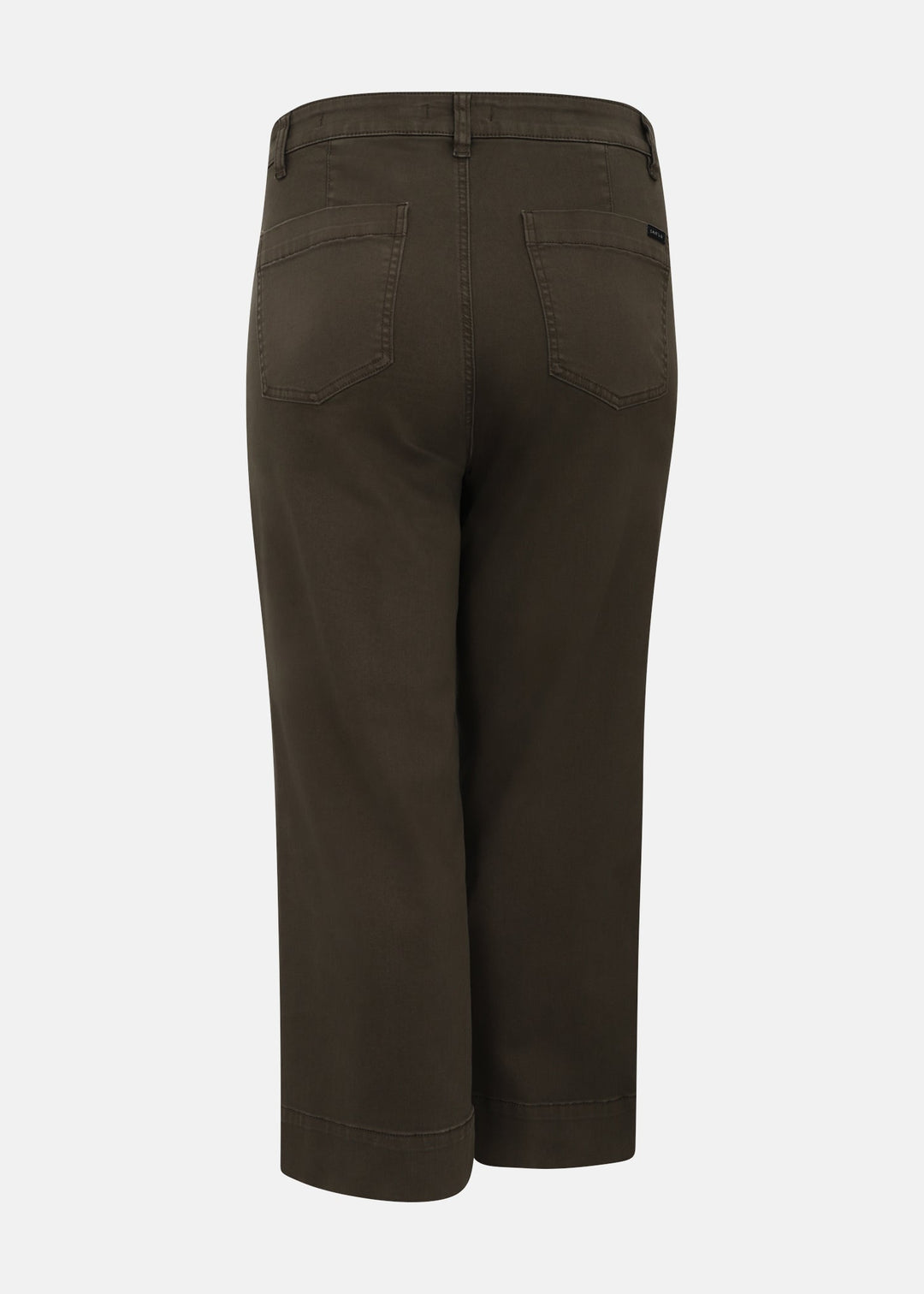 Women’s forage green crop pants with back pockets and belt loops, button closure