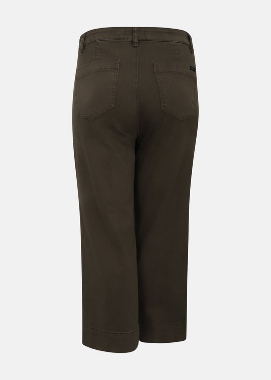 Women’s forage green crop pants with back pockets and belt loops, button closure