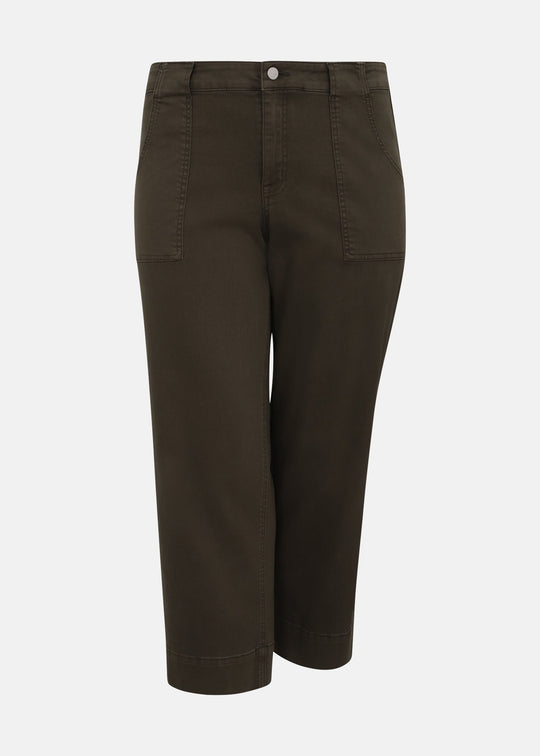 Women’s forage green crop pants with front button, pockets, and belt loops