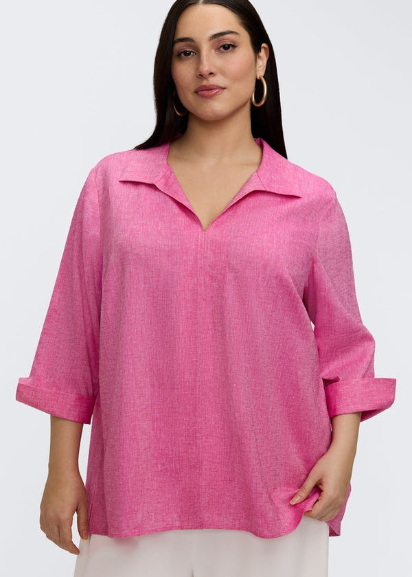 front view of plus size Foxcroft Agnes 3/4 Sleeve Linen Blend Shirt in Cosmo Pink