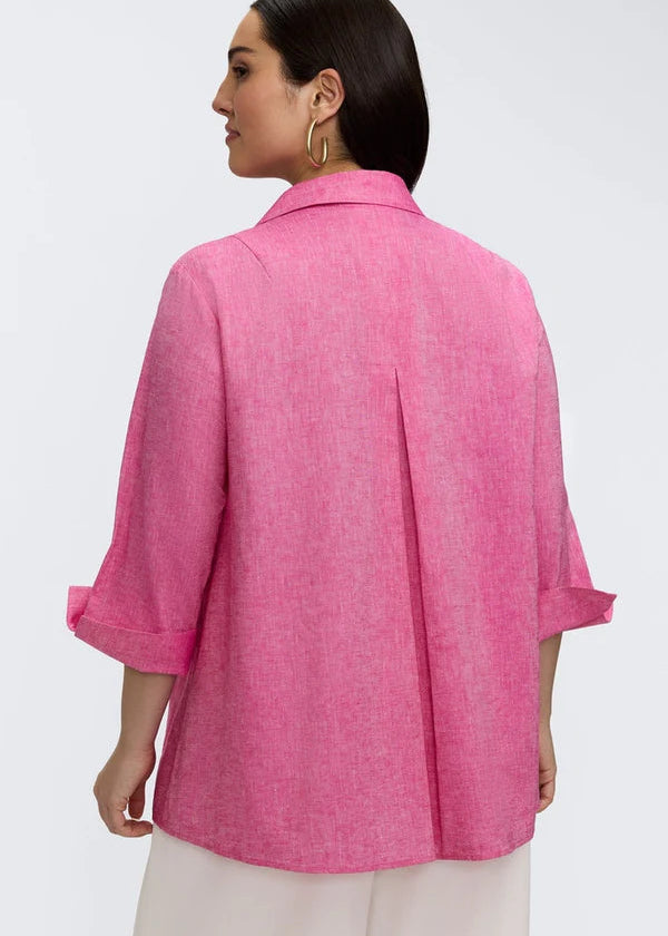 back view of plus size Foxcroft Agnes 3/4 Sleeve Linen Blend Shirt in Cosmo Pink
