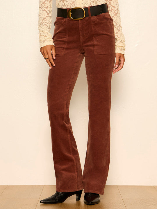 Burnt cocoa bootcut jeans with belt loops, zip fly, and front pockets