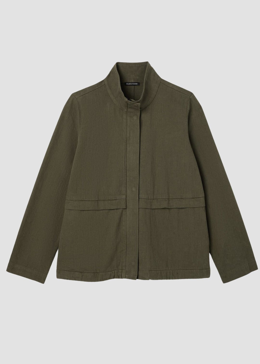 An olive green utility jacket with a stand-up collar, front button closure, and two large front flap pockets, shown against a light gray background.