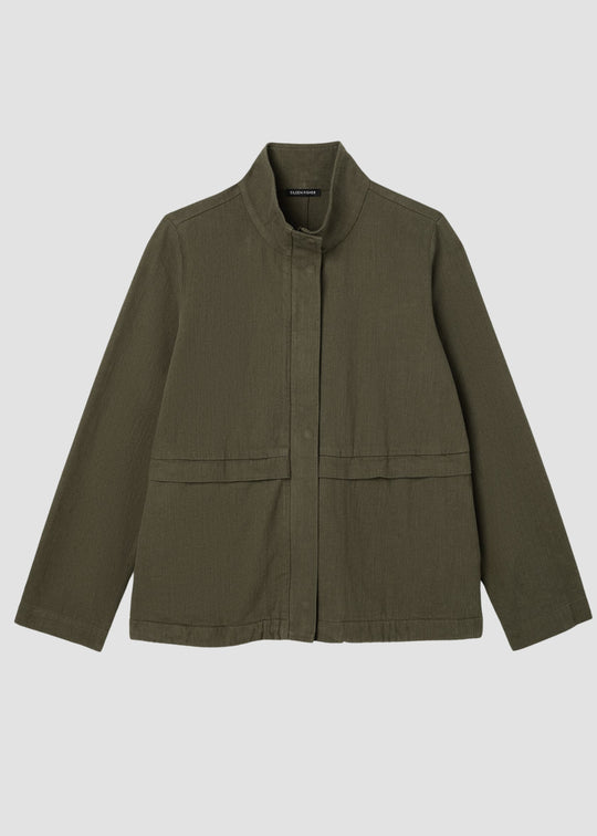 An olive green utility jacket with a stand-up collar, front button closure, and two large front flap pockets, shown against a light gray background.