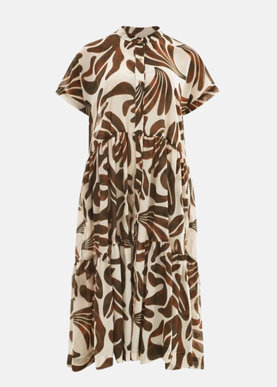 Mat Print Short Sleeve midi Shirt Dress with Ruffle Hem in Caramel