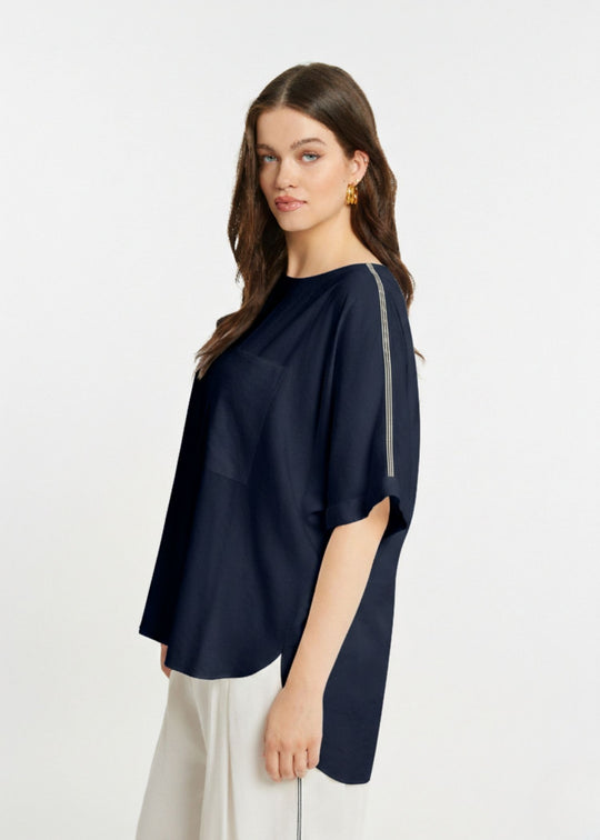 Mat Popover Top with Stripe on Sleeve in Navy Blue