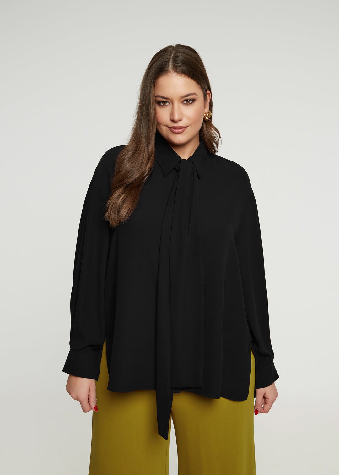 Mat Novelty Gold Button Detachable Bow Tie Blouse in Black