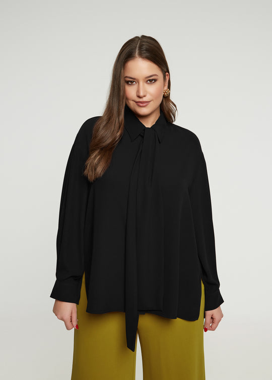 Mat Novelty Gold Button Detachable Bow Tie Blouse in Black
