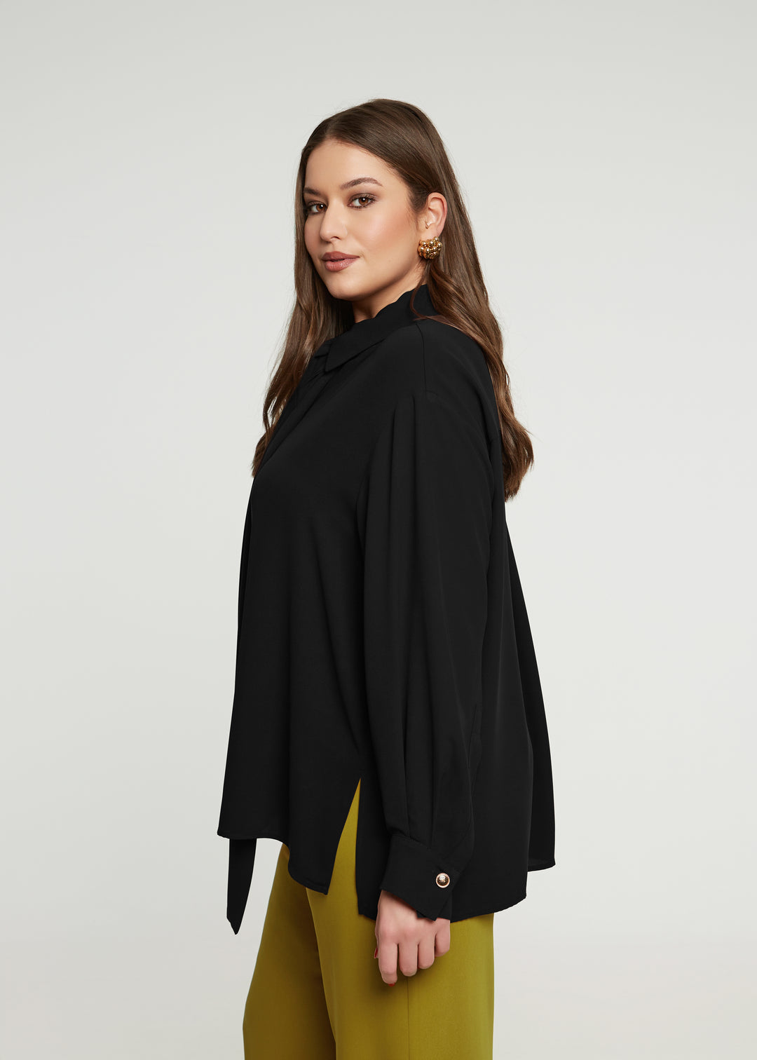 Mat Novelty Gold Button Detachable Bow Tie Blouse in Black