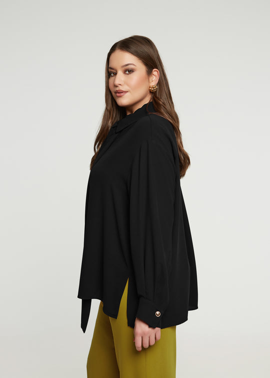 Mat Novelty Gold Button Detachable Bow Tie Blouse in Black
