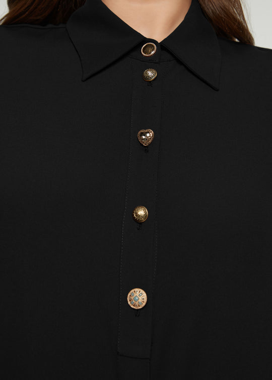 Mat Novelty Gold Button Detachable Bow Tie Blouse in Black