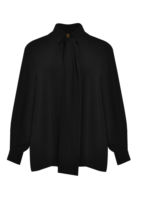 Mat Novelty Gold Button Detachable Bow Tie Blouse in Black