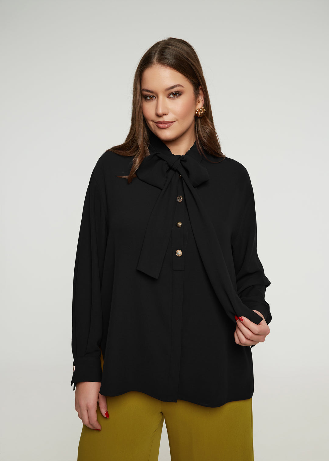 Mat Novelty Gold Button Detachable Bow Tie Blouse in Black