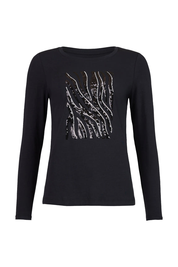 I'Cona Long Sleeve Zebra Sequin Design Tee in Black