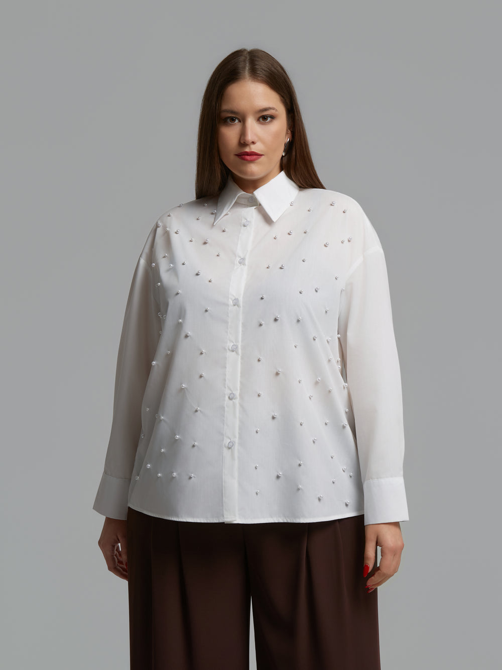 Mat Fashions Long Sleeve Cotton Blend Shirt with Allover Pearl Detail in White