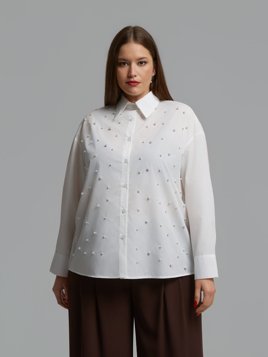 Mat Fashions Long Sleeve Cotton Blend Shirt with Allover Pearl Detail in White
