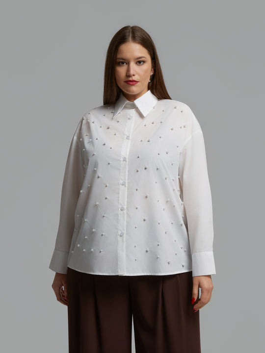 Mat Fashions Long Sleeve Cotton Blend Shirt with Allover Pearl Detail in White