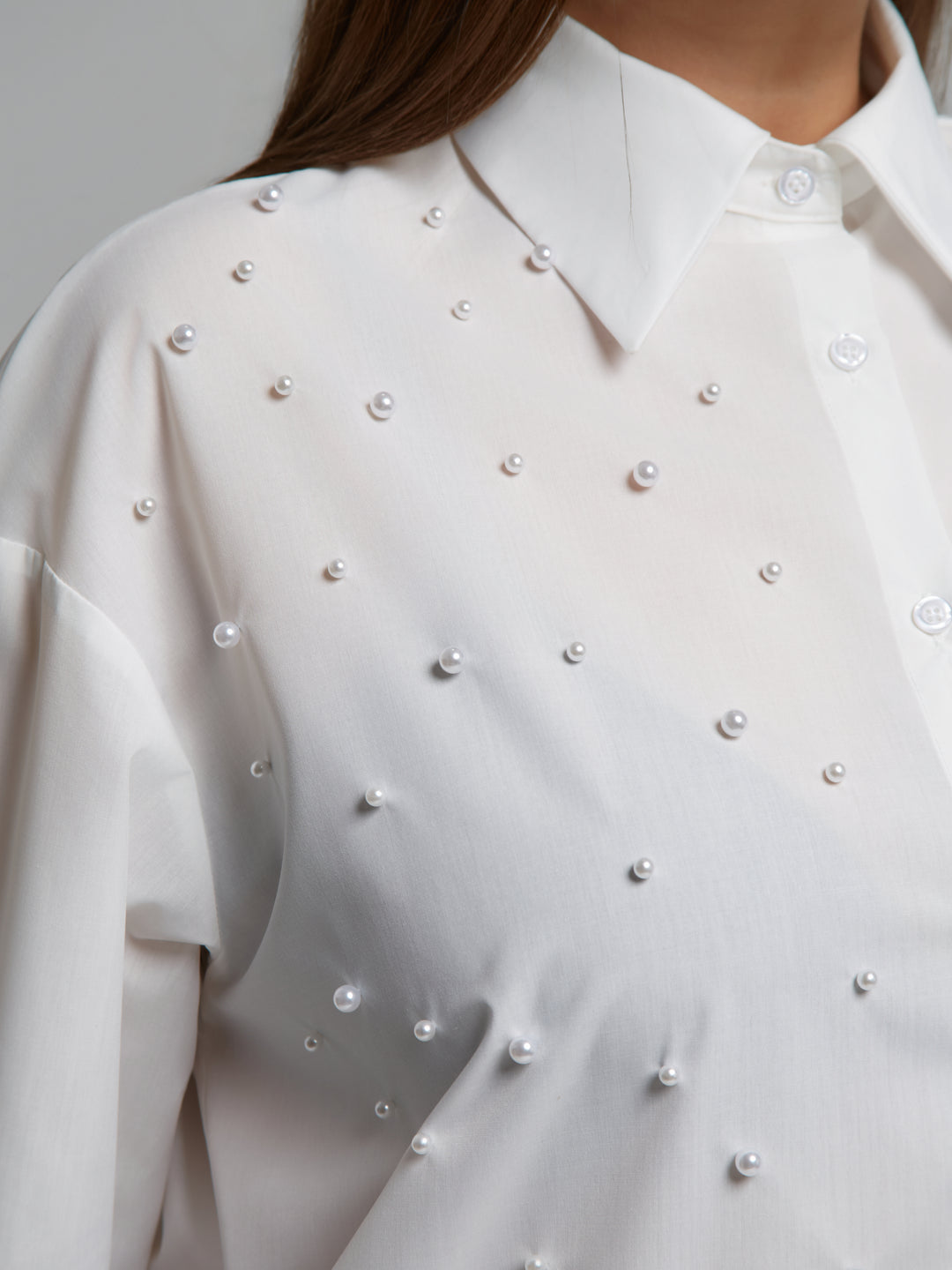 Mat Fashions Long Sleeve Cotton Blend Shirt with Allover Pearl Detail in White