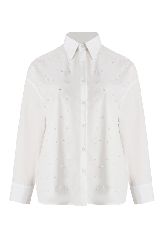Mat Fashions Long Sleeve Cotton Blend Shirt with Allover Pearl Detail in White