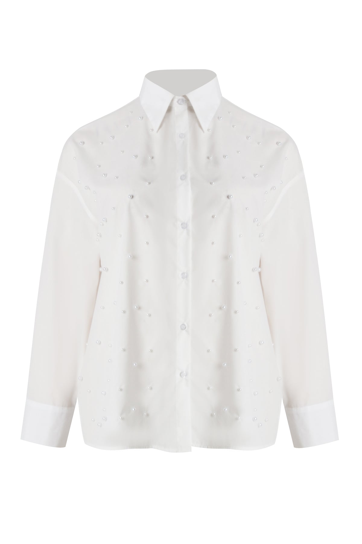White long-sleeve button-up shirt with scattered pearl-like embellishments