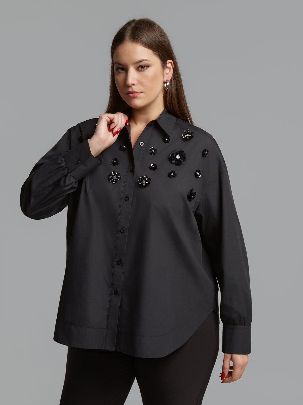 Black long-sleeve shirt with stand collar and scattered black jet bead flower details