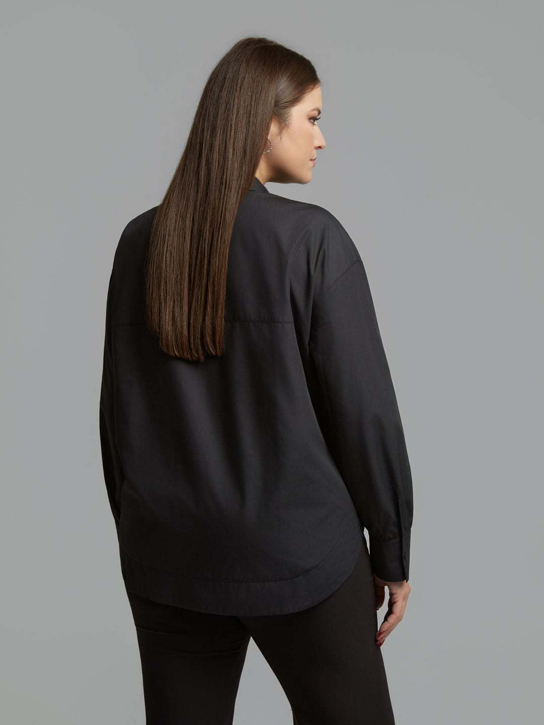 Black long-sleeve shirt back view with black jet beaded details on shoulders