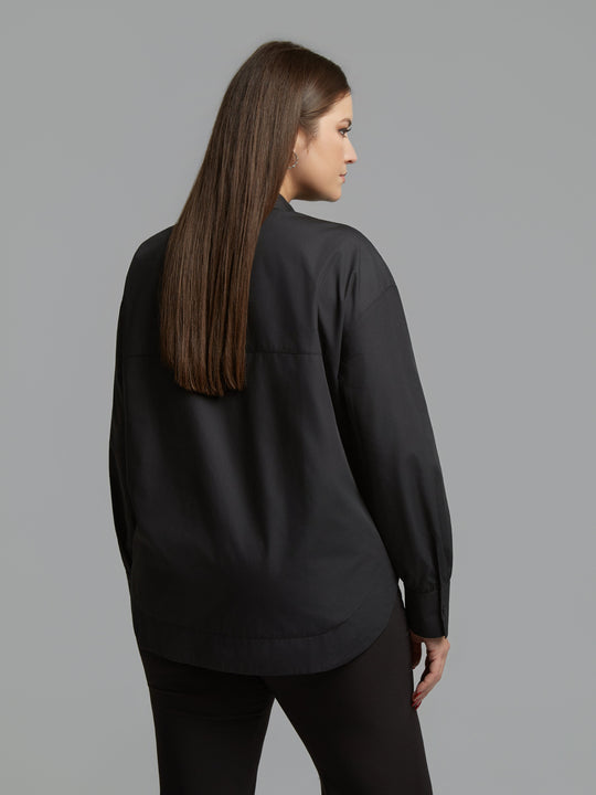 Black long-sleeve shirt back view with black jet beaded details on shoulders
