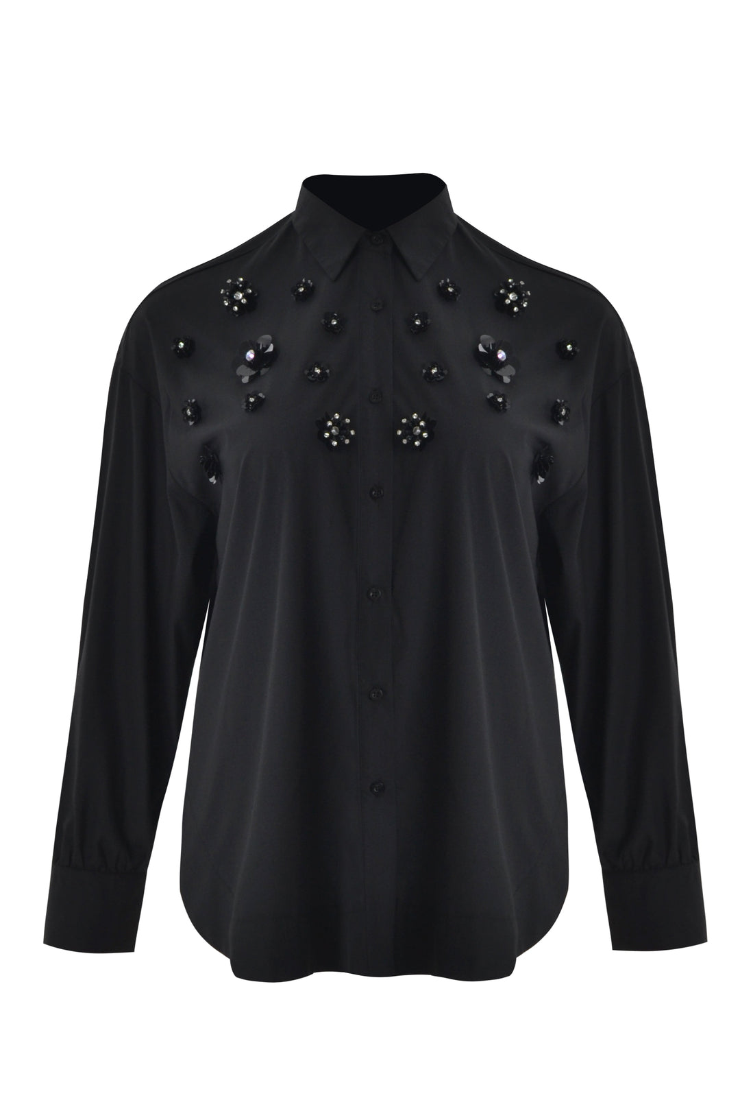 Black long-sleeve button shirt with black jet beaded clusters across chest