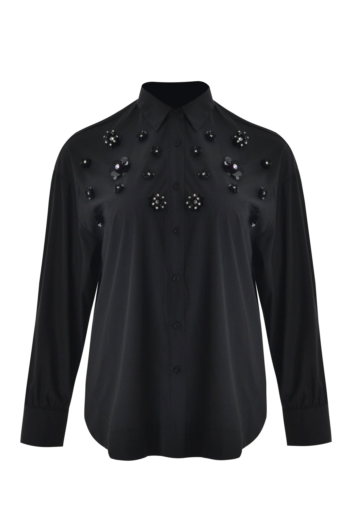 Black long-sleeve button shirt with black jet beaded clusters across chest