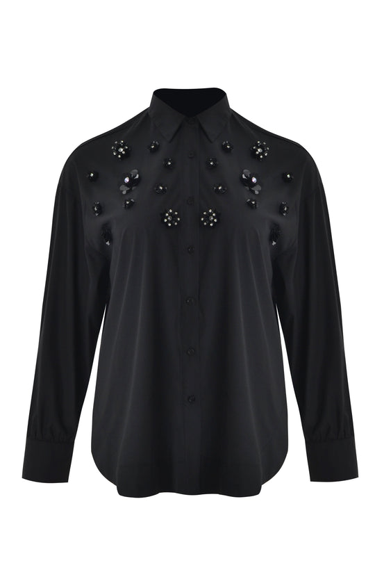 Black long-sleeve button shirt with black jet beaded clusters across chest