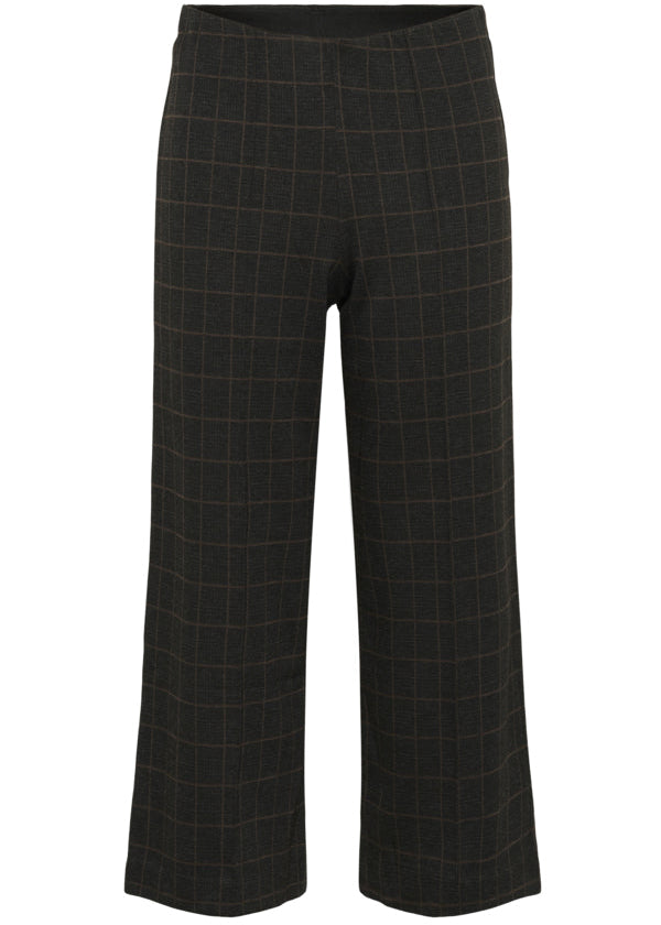Black wide-leg cropped trousers with a subtle brown windowpane plaid pattern, shown against a plain white background.