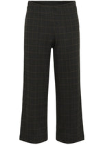 Black wide-leg cropped trousers with a subtle brown windowpane plaid pattern, shown against a plain white background.