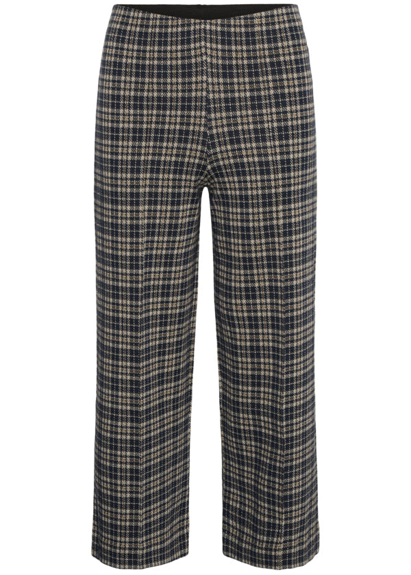 A pair of cropped wide-leg trousers featuring a dark navy and beige plaid pattern, shown against a plain white background.