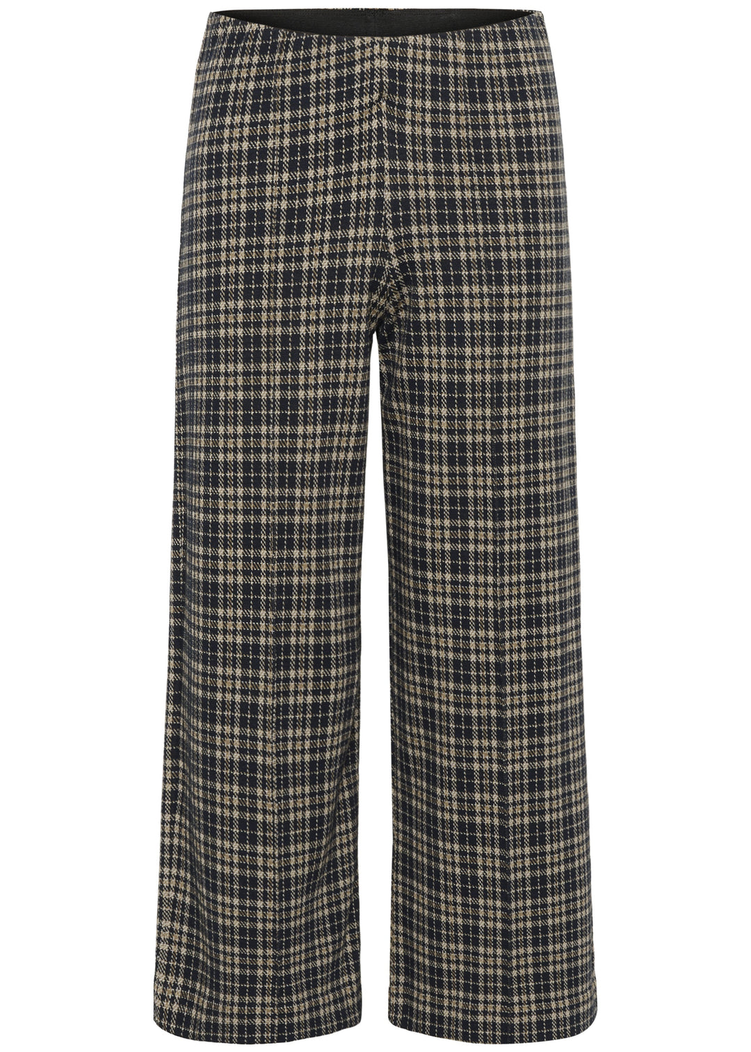 frint view of plus size Part Two Ilisan Cropped Wide Leg Easy fit stretch Pull on Pant in Dark Navy Check
