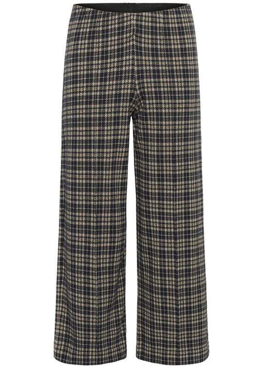 frint view of plus size Part Two Ilisan Cropped Wide Leg Easy fit stretch Pull on Pant in Dark Navy Check