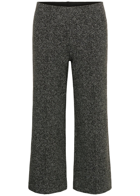 Salt-and-pepper wide-leg pants with elastic pull-on waistband, textured knit