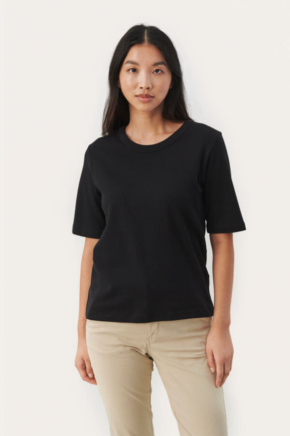 Part Two Organic Cotton Crew Neck Ratana Classic Elbow Sleeve Tee in Black