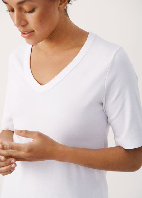 Front view of Part Two Ratansa Cotton Short Sleeve V-neck Tee in White