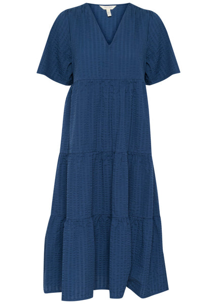 Front view of Part Two Tiered Seersucker Cotton Dress in Blue