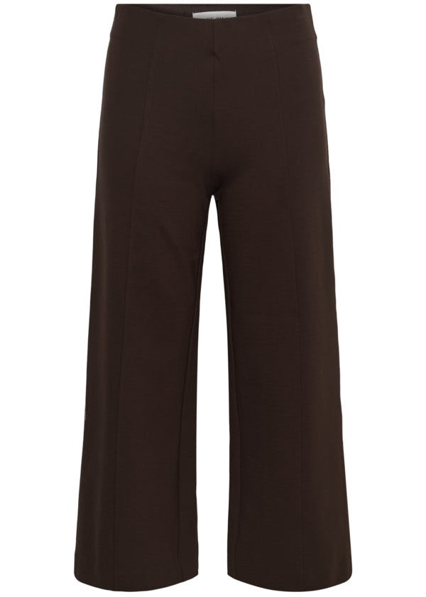 Dark brown wide-leg cropped trousers shown flat against a solid white background.