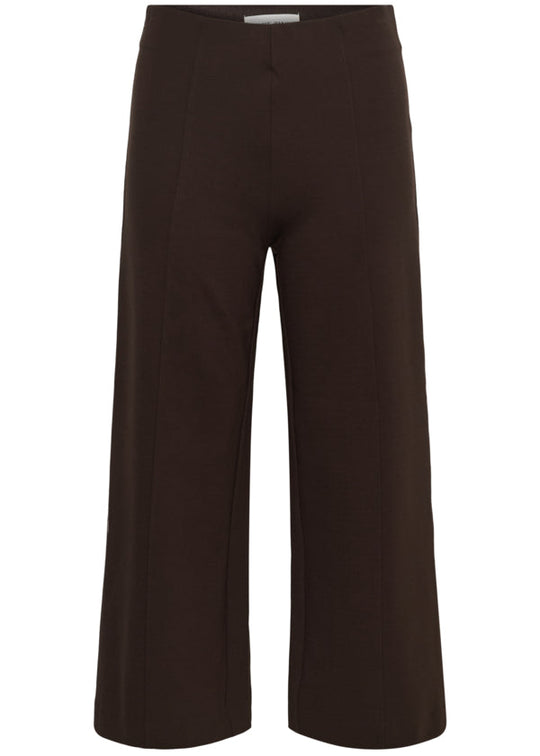 Dark brown wide-leg cropped trousers shown flat against a solid white background.