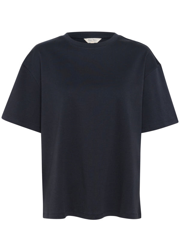 Navy blue t-shirt on a white background